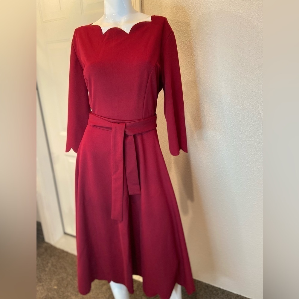Shein~NWOT Flouncy Fit & Flare Dress~Waist Tie~Scallop Edges~Back Zip~Size L